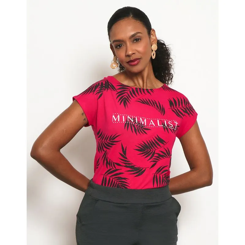Blusa Feminina Manga Japonesa Estampa Folhagem Com Aplicação de Strass Rosa G