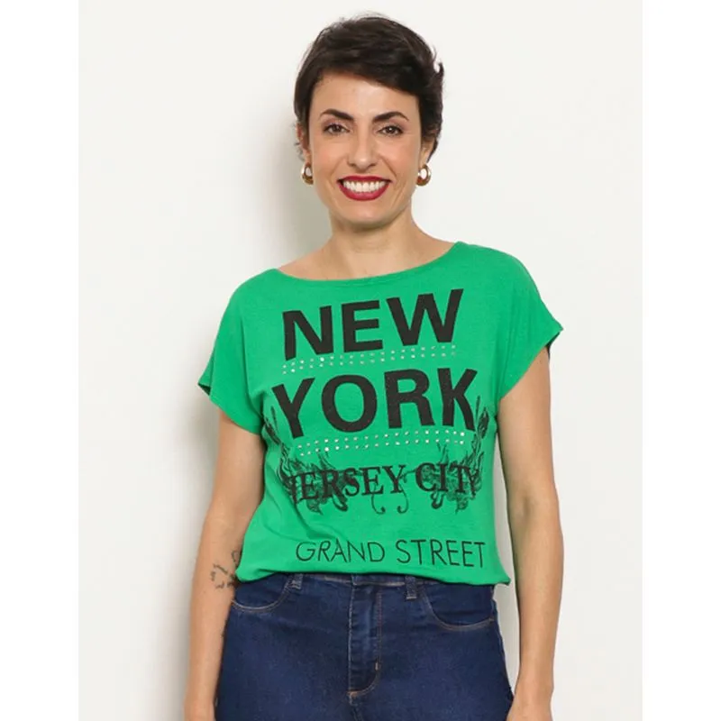 Blusa Feminina Manga Curta Estampa Com Aplique Metalizado Verde P