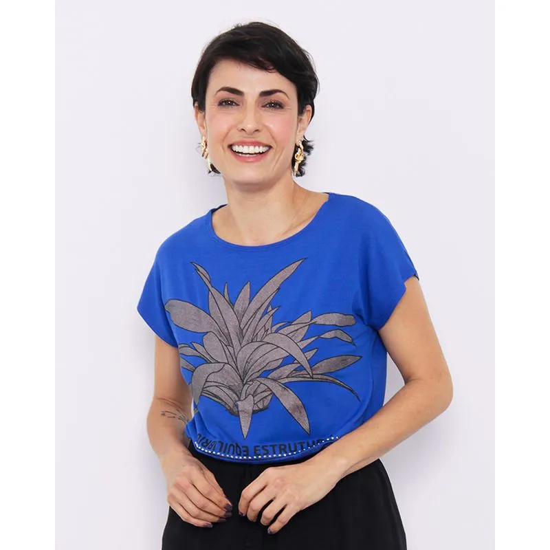 Blusa Feminina Manga Curta Estampa Azul G