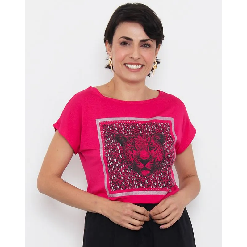 Blusa Feminina Manga Curta Estampa Onça Rosa Escuro G