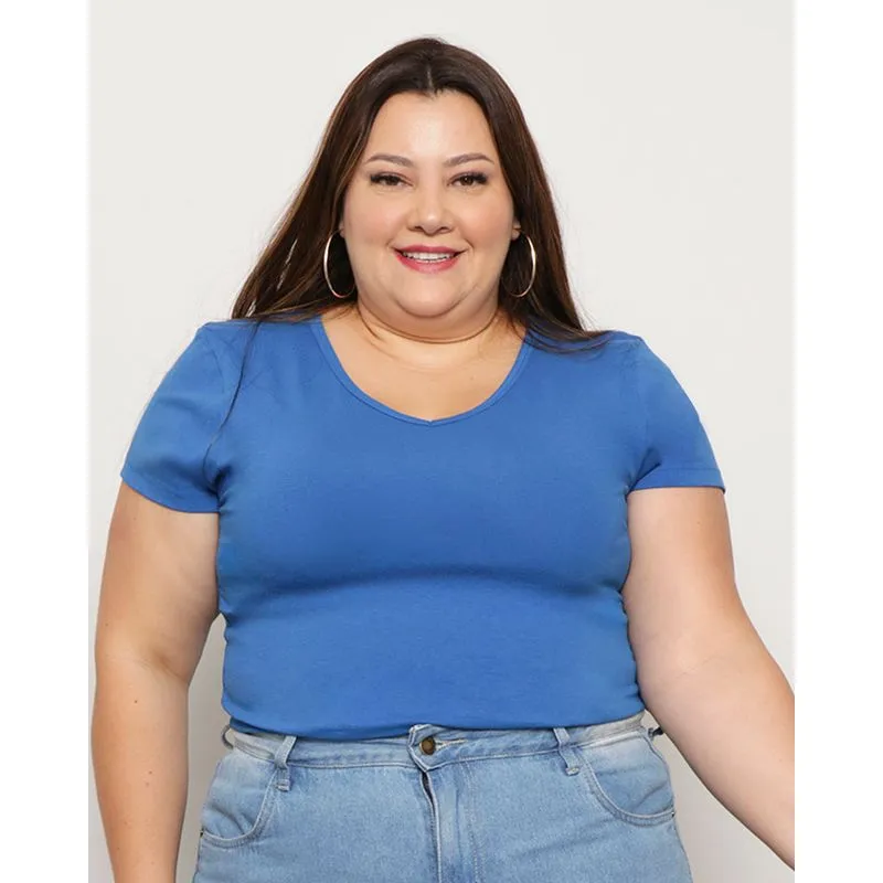 Blusa Plus Size Feminina Básica Manga Curta Azul G3