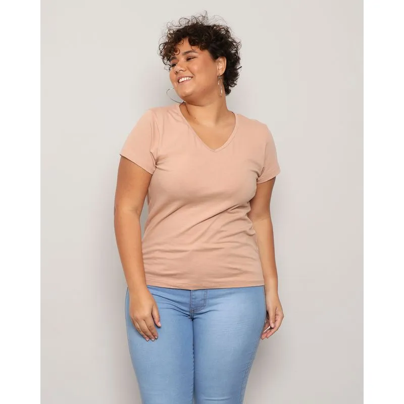 Blusa Plus Size Feminina Manga Curta Básica Bege G2