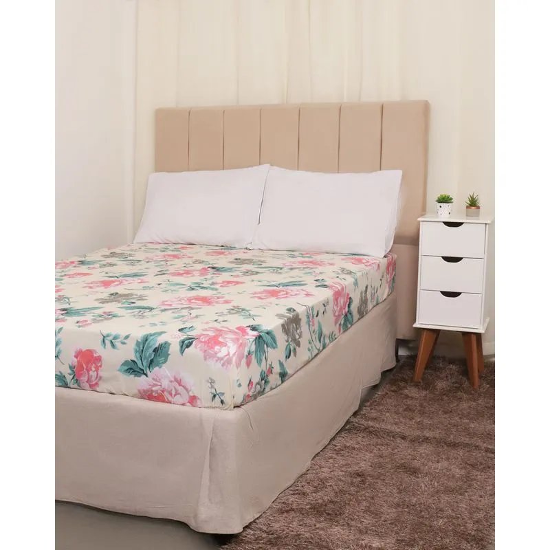 Lençol Avulso Com Elástico Casal Estampa Floral Arte e Cazza Off White UN
