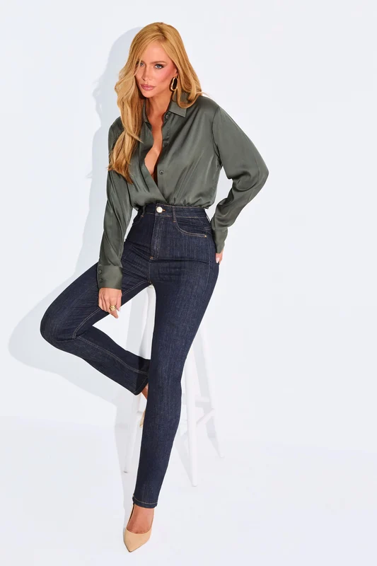 Calça Jeans Reta Modeladora Fantástica Cintura Alta Jeans Escuro / 46 / Curto