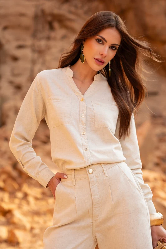 Camisa Feminina de Linho Dunas Areia Areia / G1