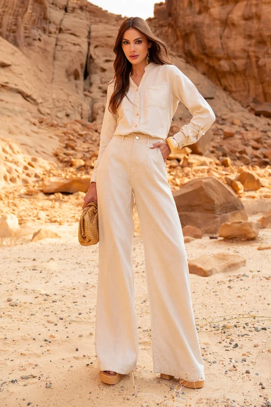 Calça Pantalona de Linho Dunas Areia Areia / 50 / Regular