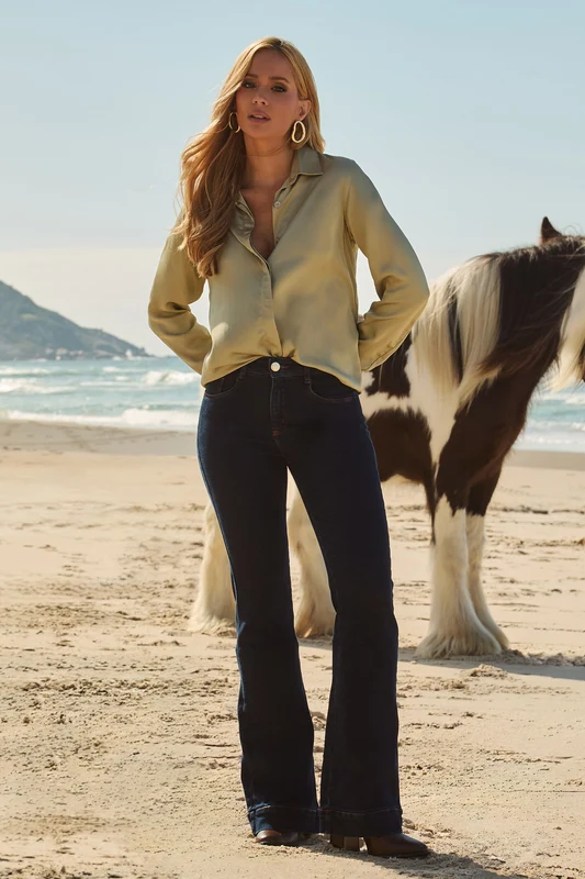 Calça Jeans Flare Luxury Cintura Média Escura Jeans Escuro / 34 / Extra Curto