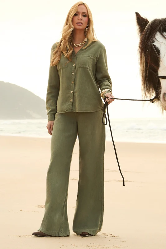 Calça Pantalona de Linho Dunas Verde Militar Verde Militar / 40 / Extra Curto