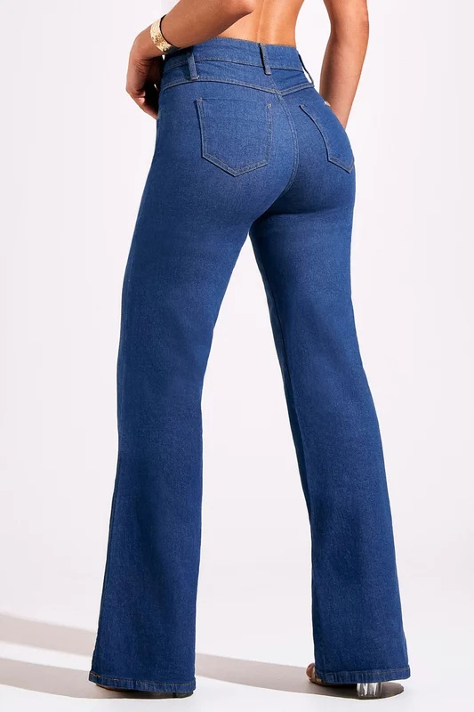 Calça Jeans Wide Leg Modeladora Cintura Média Jeans Médio / 34 / Regular