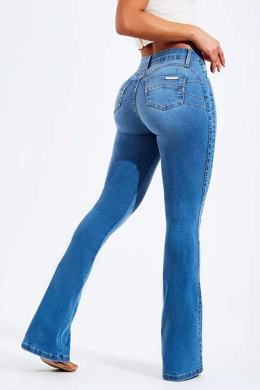 Calça Jeans Flare Modeladora Sculpt Cintura Média Jeans Médio / 46 / Extra Comprido