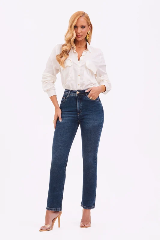 Calça Jeans Reta Modeladora Essencial Cintura Super Alta Barra Tradicional Jeans Escuro / 48 / Extra Comprido
