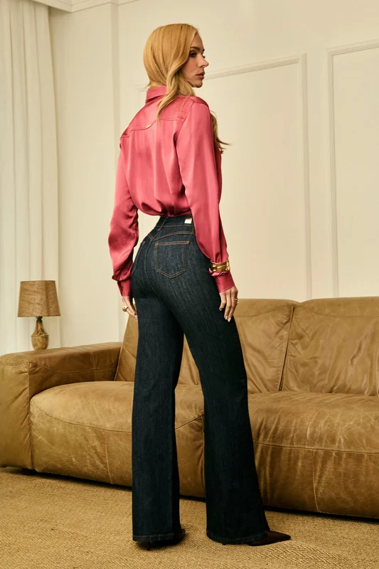 Calça Jeans Wide Leg Modeladora Fantástica Cintura Super Alta Barra Tradicional Jeans Escuro / 50 / Regular