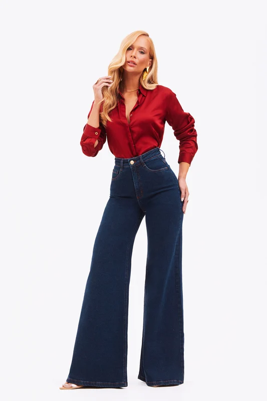 Calça Jeans Pantalona Luxury Cintura Super Alta Jeans Escuro / 32 / Extra Comprido