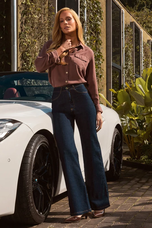 Calça Jeans Wide Leg Ultra Modeladora Cintura Alta Barra Tradicional Jeans Escuro / 34 / Extra Curto