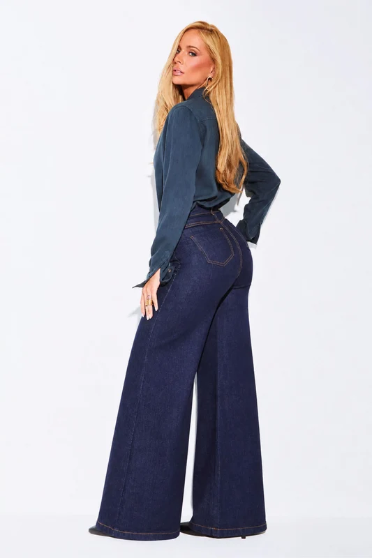 Calça Jeans Pantalona Ultra Modeladora Cintura Alta Barra Tradicional Jeans Escuro / 42 / Regular