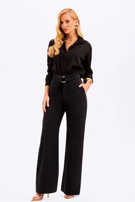 Calça Wide Leg Tecido Impermeável que Não Amassa Preta Preta / G / Curto