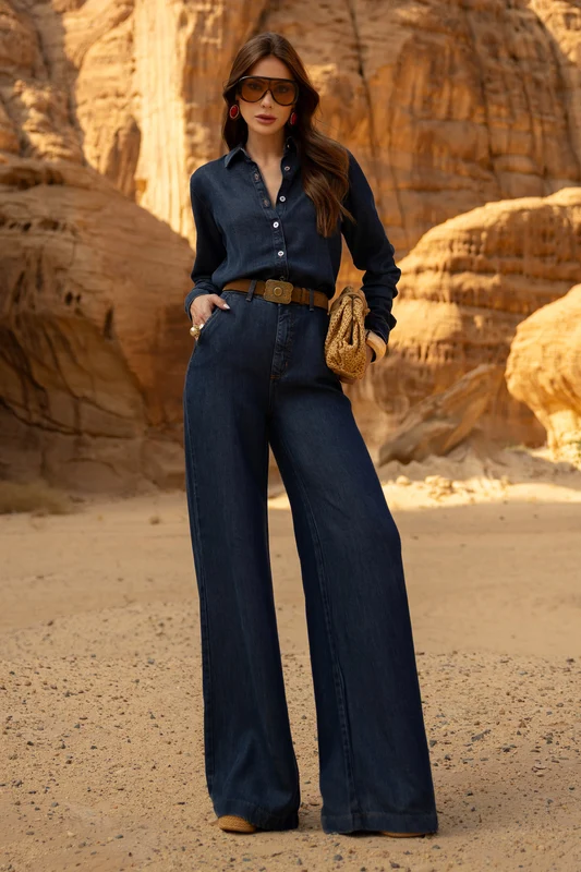 Calça Pantalona de Liocel Aura Jeans Escuro Cintura Super Alta Jeans Escuro / 54 / Regular