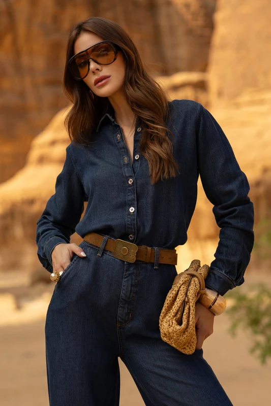 Camisa Feminina de Liocel Aura Jeans Escuro Jeans Escuro / GG