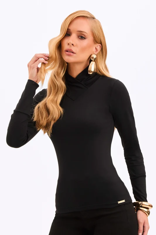 Blusa Gola Alta Manga Longa Curve Preta Preta / G1