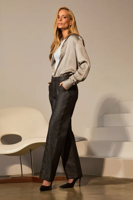 Calça Jeans Reta Estilo Alfaiataria Jeans Escuro Cintura Super Alta Jeans Escuro / 46 / Regular