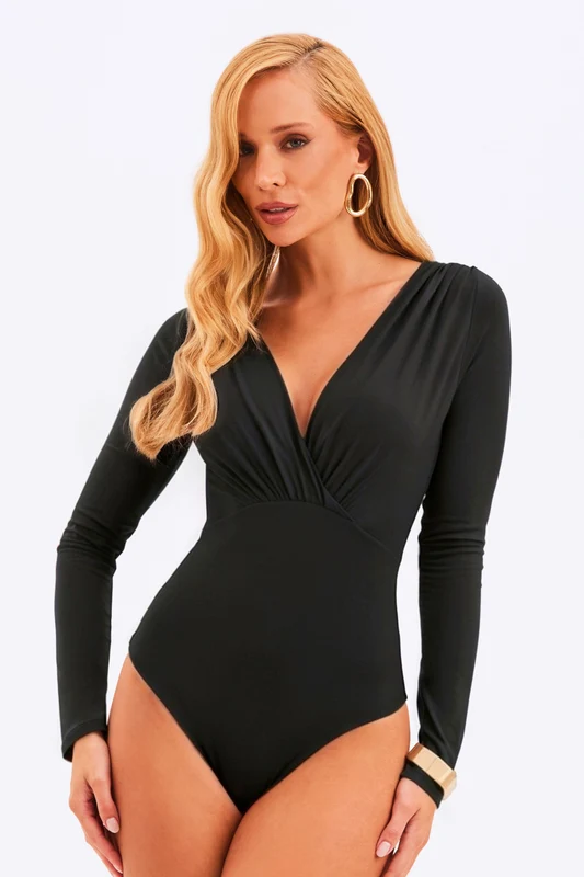 Body Decote Transpassado Manga Longa Curve Preto Preta / M