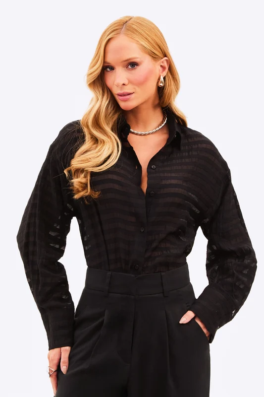Camisa Feminina Listrada Transparente Preta Preta / GG