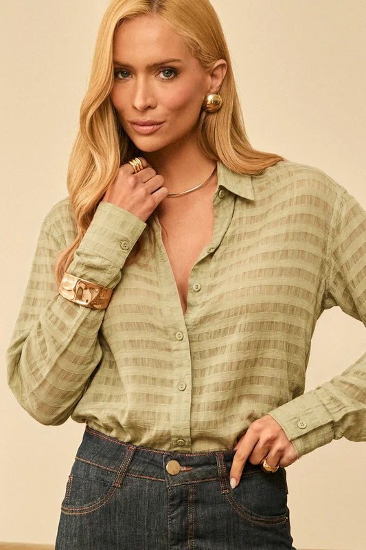 Camisa Feminina Listrada Transparente Verde Oliva Verde Oliva / GG