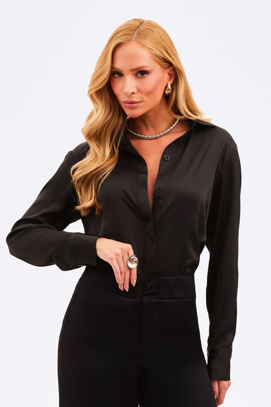 Camisa Feminina Acetinada Manga Longa Preta Preta / G