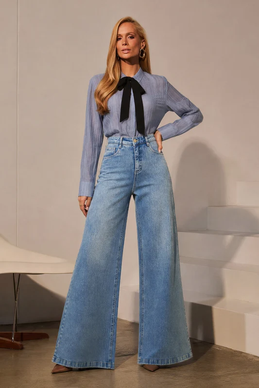 Calça Jeans Pantalona Basic Cintura Super Alta Clara Jeans Claro / 32 / Mini