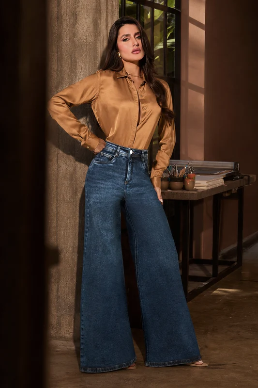 Calça Jeans Pantalona Modeladora Essencial Cintura Alta Jeans Escuro / 46 / Curto