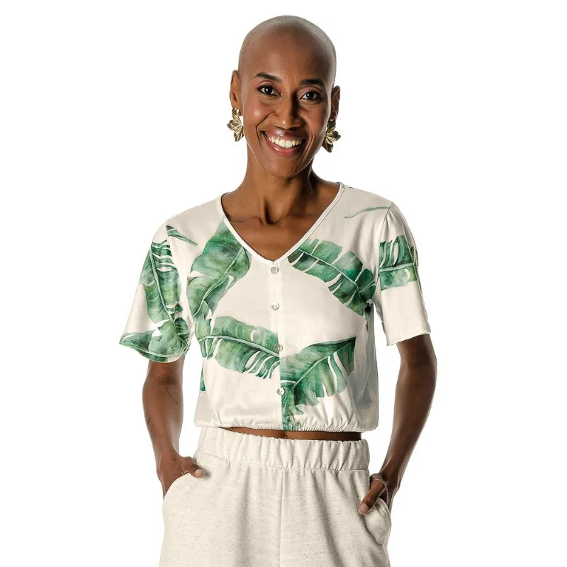 Camisa Com Folhas E Manga Ampla Rovitex Bege G