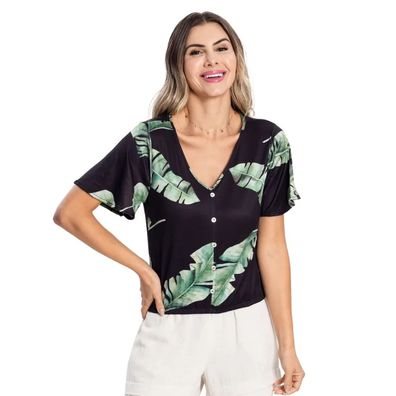 Camisa Com Folhas E Manga Ampla Rovitex Preto P