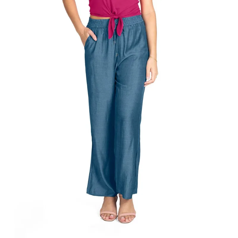Calça Pantalona Com Cordão Em Liocel Rovitex Azul M