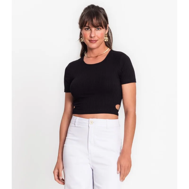 Blusa Decote Redondo Em Ribana Canelada Rovitex Preto M