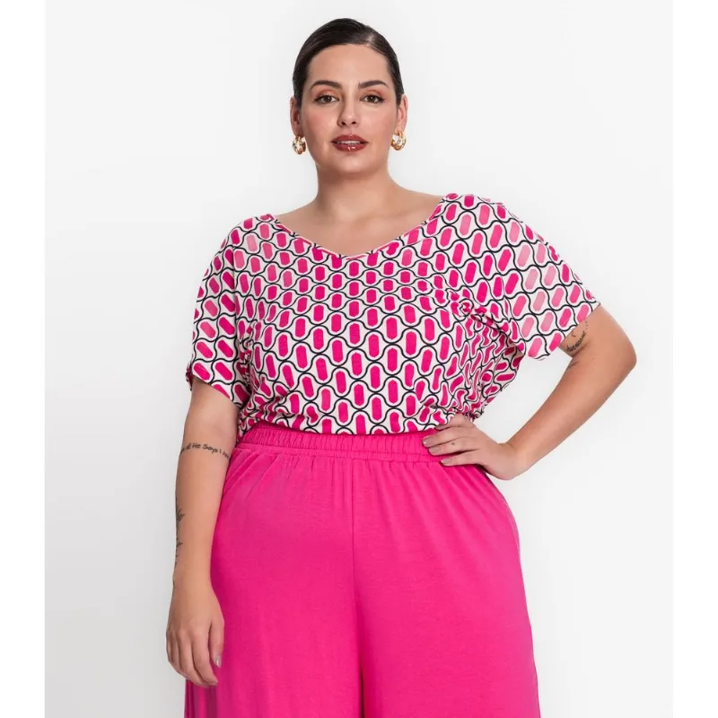 Blusa Feminina Plus Size Estampada Secret Glam Rosa Plus G3