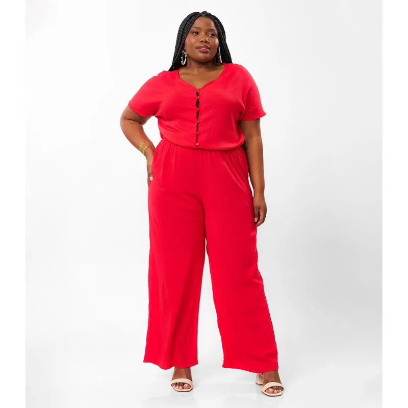 Macacão Plus Size Em Viscose Slub Secret Glam Vermelho Plus G3