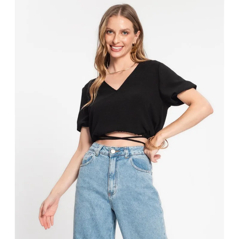 Blusa Cropped Feminina Decote V Rovitex Preto M
