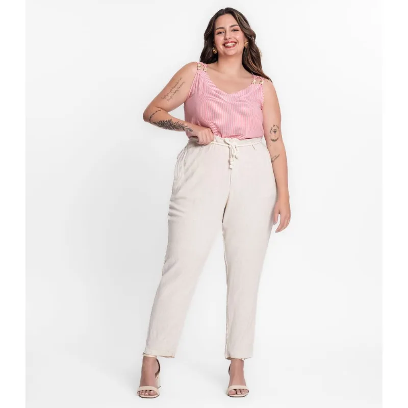 Calça Feminina Plus Size Em Linho Secret Glam Bege Plus G4