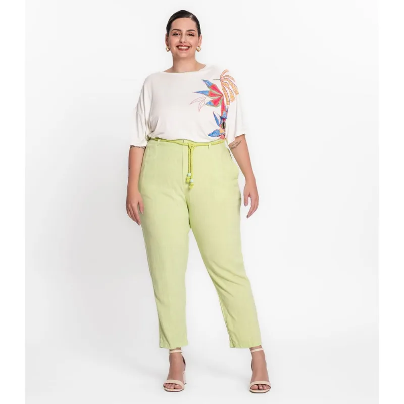 Calça Feminina Plus Size Em Linho Secret Glam Verde Plus G2