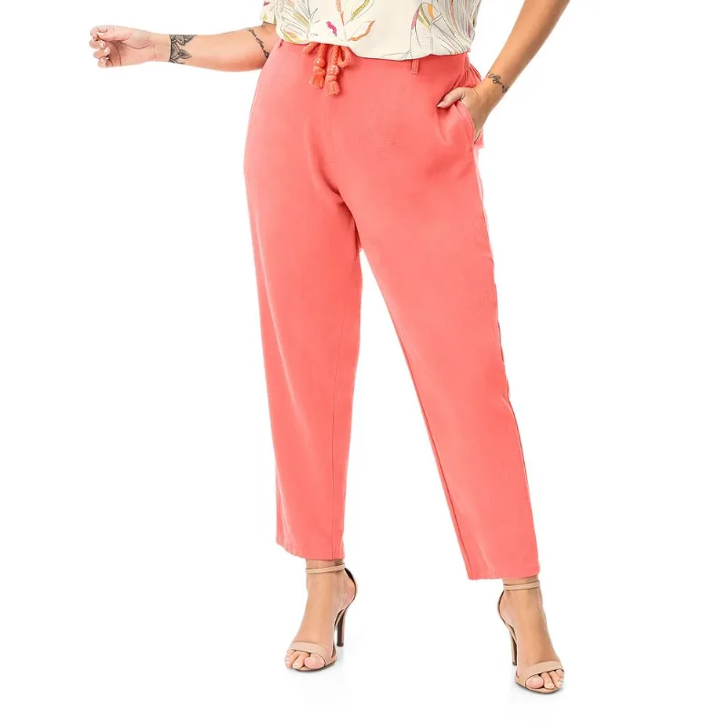 Calça Feminina Plus Size Em Linho Secret Glam Rosa Plus G2