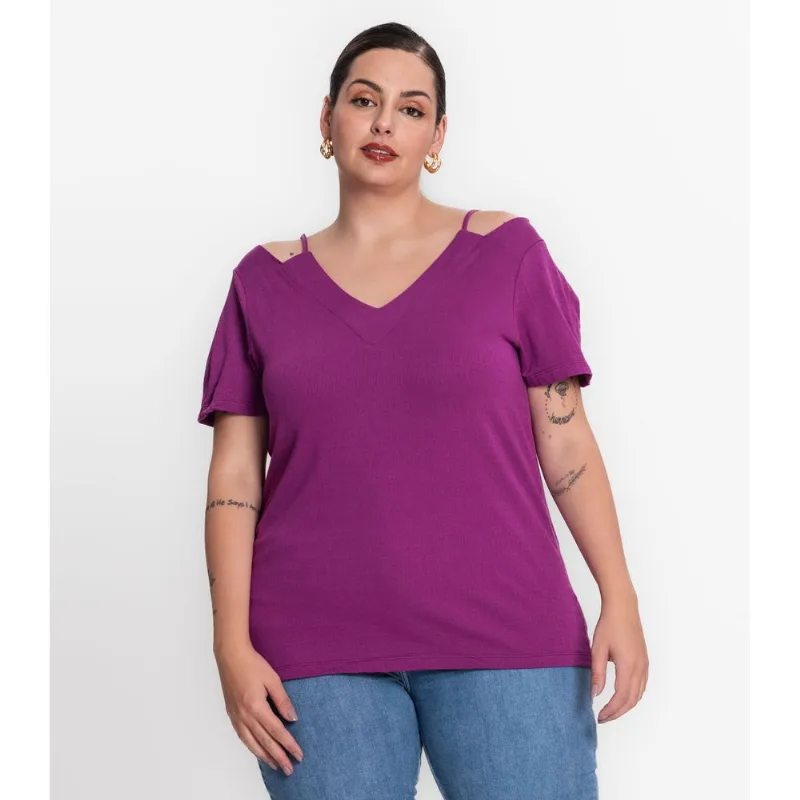 Blusa Feminina Plus Size Decote V Secret Glam Roxo Plus G4