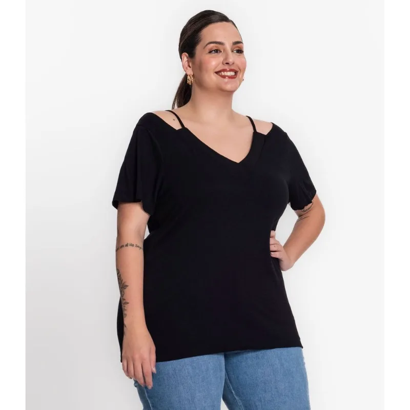 Blusa Feminina Plus Size Decote V Secret Glam Preto Plus G4