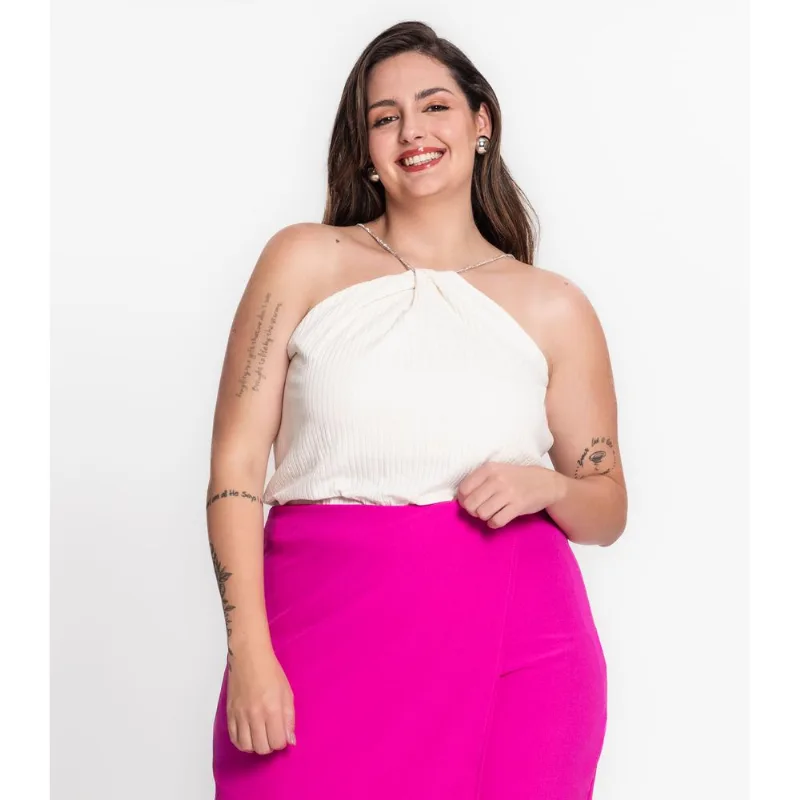 Blusa Plus Size Alça De Strass Secret Glam Bege Plus G3