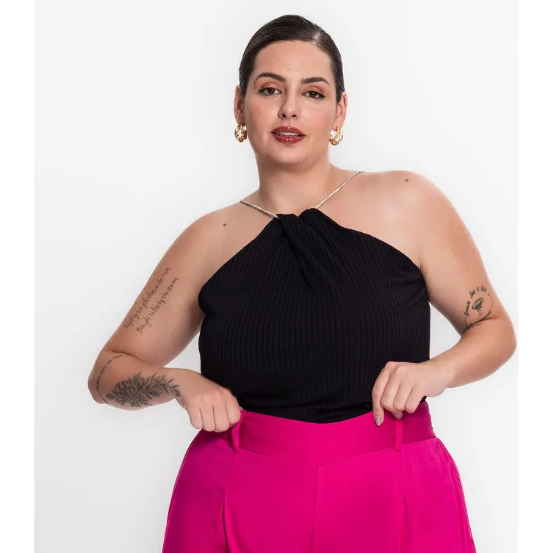 Blusa Plus Size Alça De Strass Secret Glam Preto Plus G2