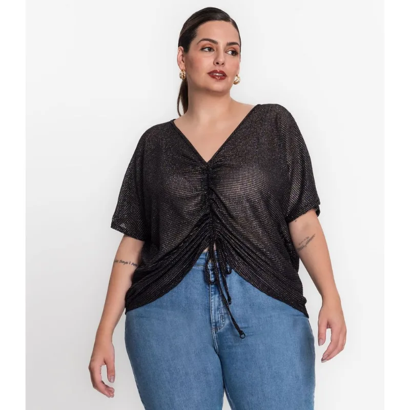 Blusa Plus Size Malha Screen Shiny Secret Glam Preto Plus G2