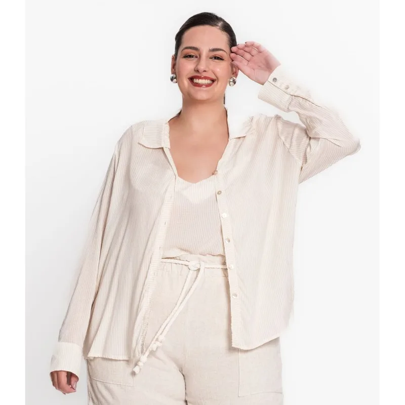 Camisa Manga Longa Feminina Plus Size Secret Glam Bege Plus G2