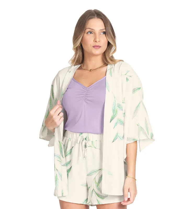 Kimono Feminino Estampado Em Tactel Rovitex Bege Gg