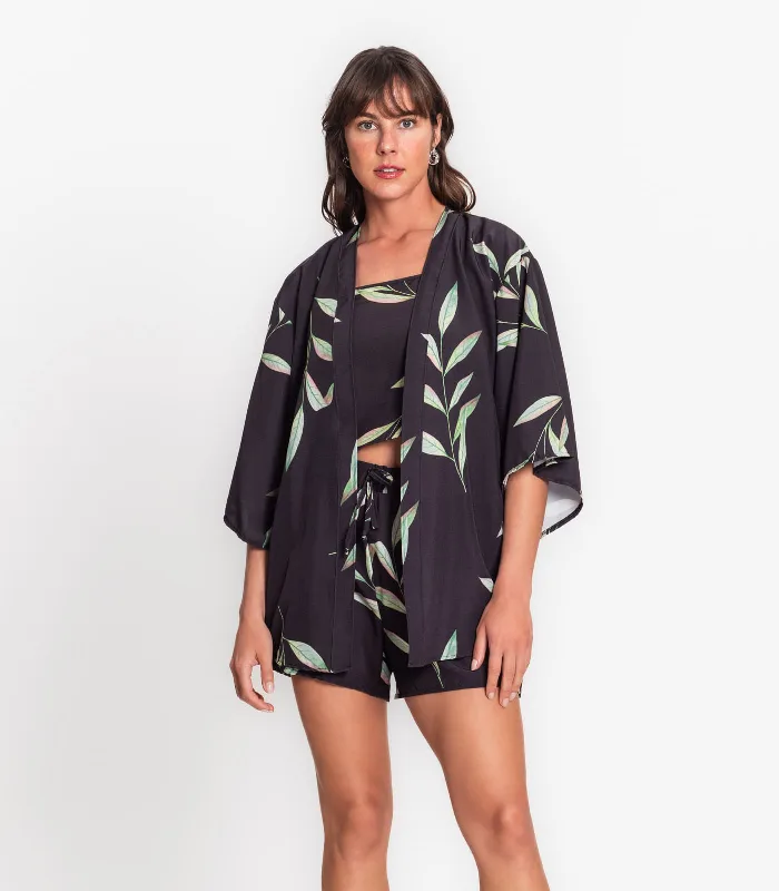 Kimono Feminino Estampado Em Tactel Rovitex Preto G