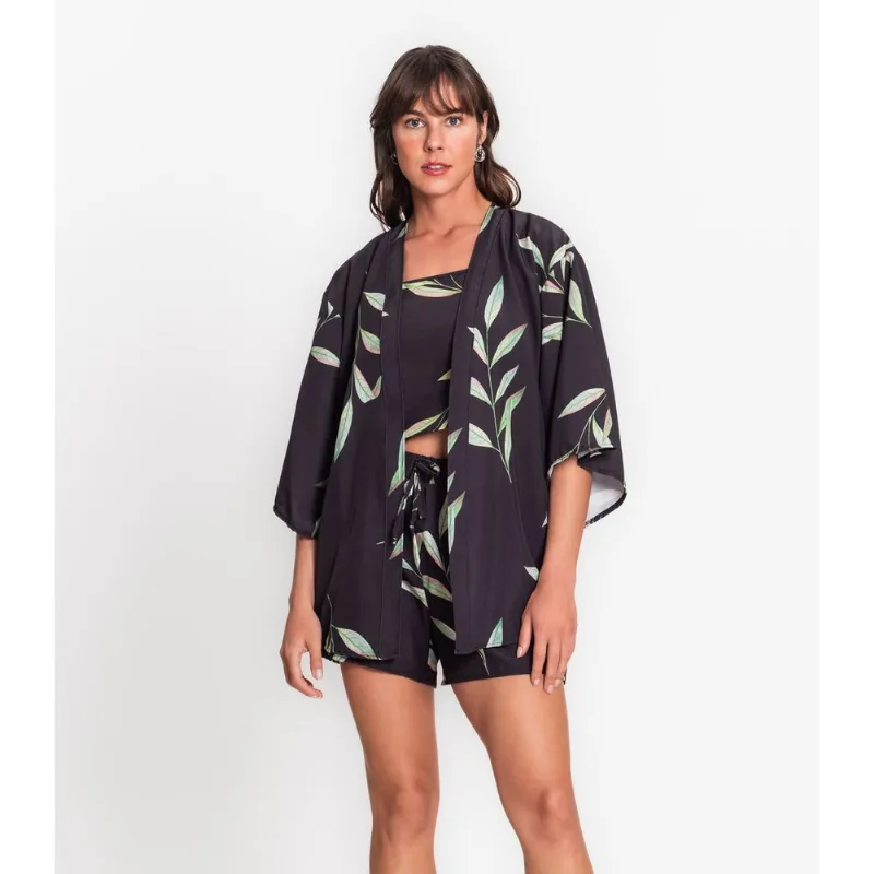 Kimono Feminino Estampado Em Tactel Rovitex Preto Gg