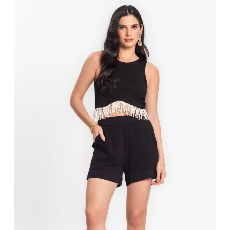 Shorts Feminino Em Viscose Creponada Endless Preto G